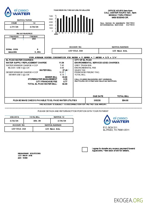 Modèle de facture de services publics d'entreprise USA Texas El Paso Water aux formats Word et PDF